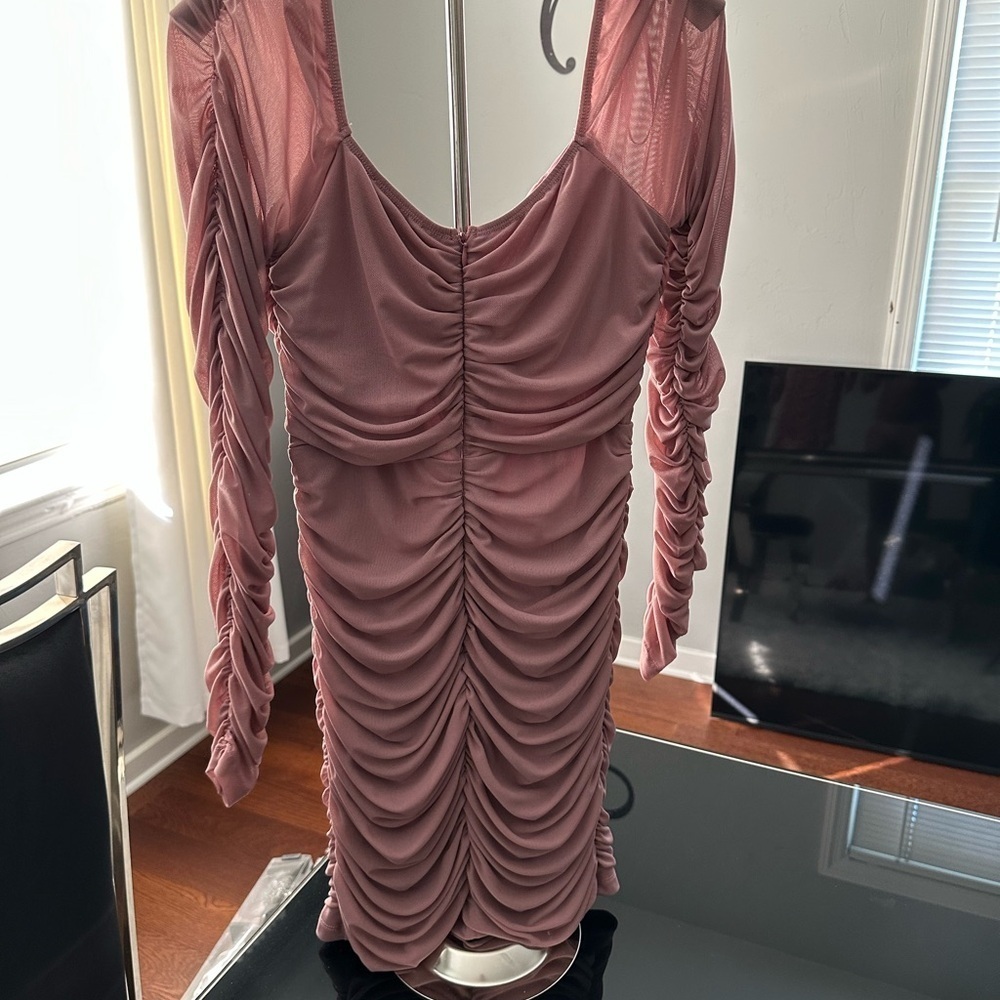 Pink Ruched Puff Sleeve Bodycon Dress - Picture 3 of 5